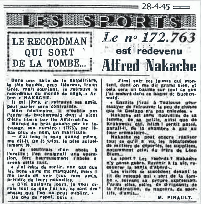 Extrait du journal La Pitié Salpétrière du 28 Avril 1945 annonçant le retour des camps d'Alfred (Artem) Nakache.