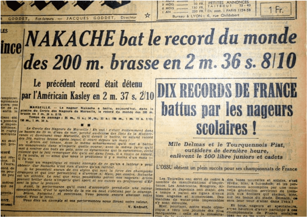 Journal L'Auto du 07 Juillet 1941 où l'on annonce le record du monde du 200m brasse de Nakache