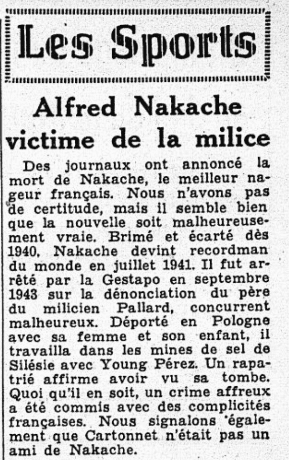 Extrait du journal L'Humanité du 31 Août 1944 annonçant le décès d'Alfred Nakache.