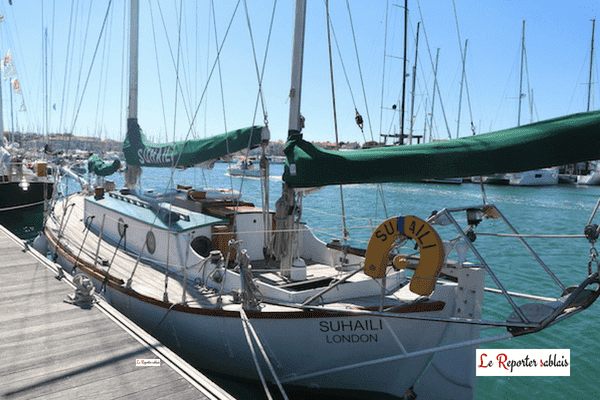 Suhaili aux pontons lors du départ de la Golden Globe Race en 2018