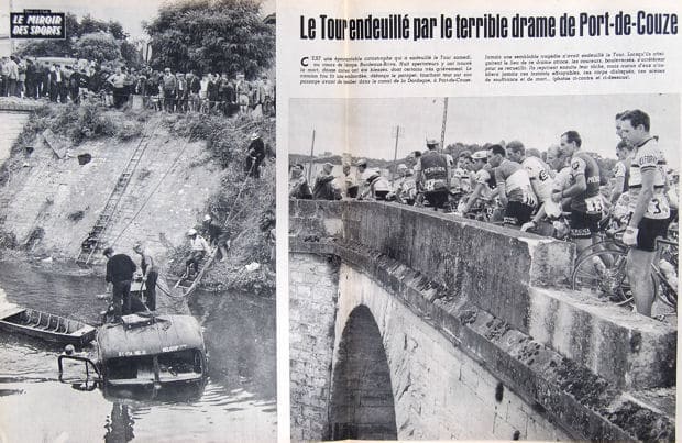 Photo du camion dans la Garonne et du peloton se recueillant sur les lieux de l'accident mortel de Port-de-Couzes