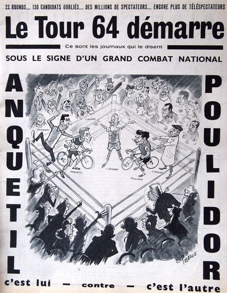 Caricature du départ du Tour de France 1964 opposant Anquetilistes et Poulidoristes